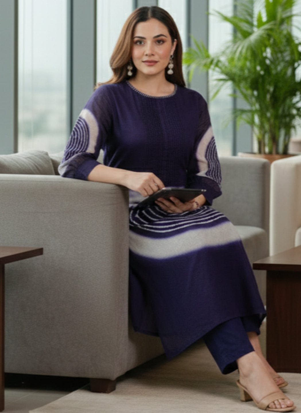 Navy Blue and White Printed Casual Kurti and Pant Set
