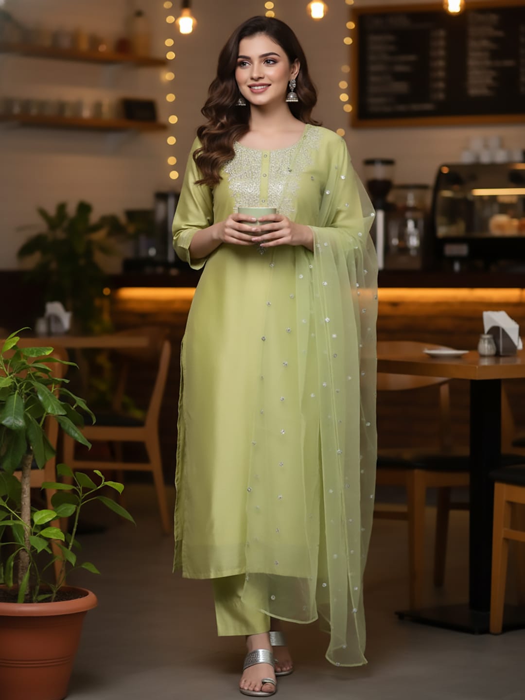 The Kurti Collection Women Green Floral Embroidered Regular Chanderi Silk Kurta with Trousers & With Dupatta