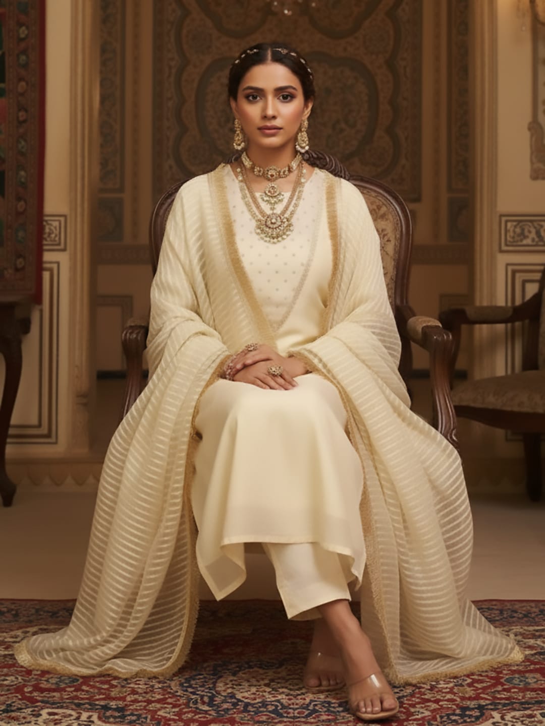 Varanga Women Zari Embroidered And Sequence Embellished With Organza Detailed Kurta With Bottom And Dupatta