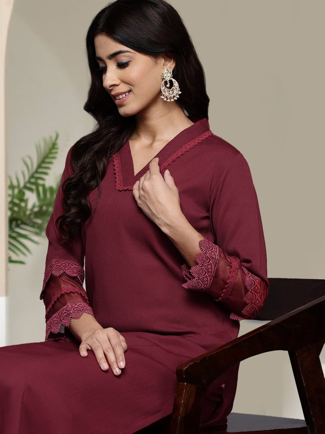 The Kurti Collection Women Maroon V Neck, Three Quater Sleeves With Tonal Cotton Lace Straight Kurta Paired With Tonal Bottom