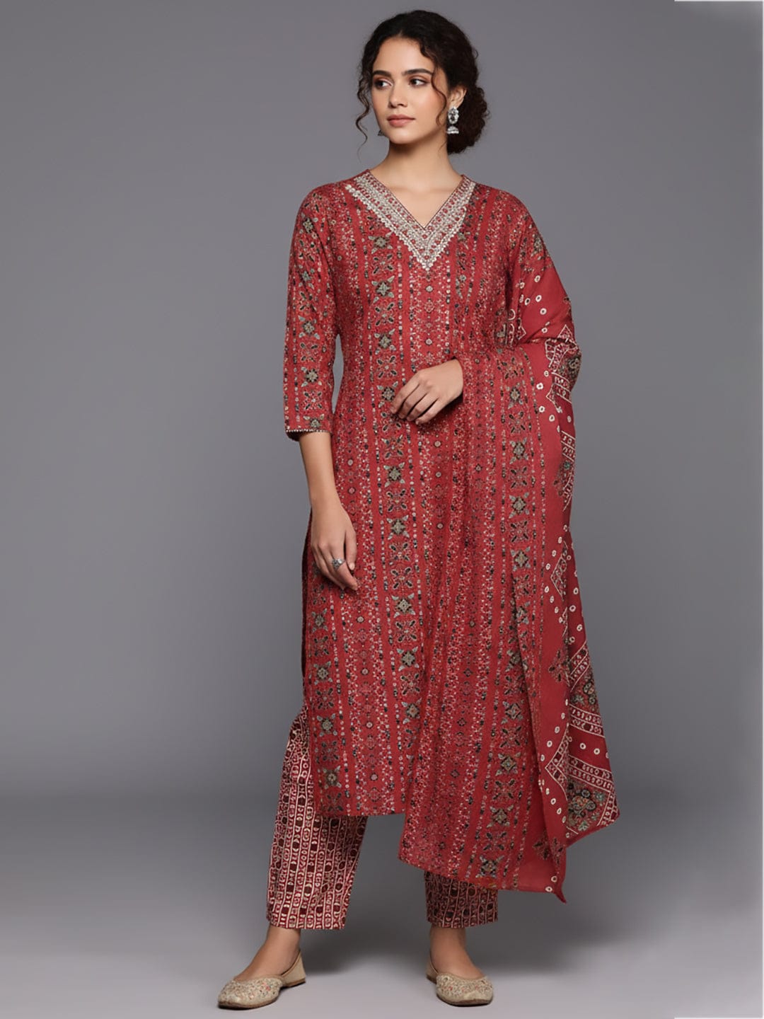 The Kurti Collection Women Red Printed V-Neck Embroidered Kurta With Bottom And Dupatta