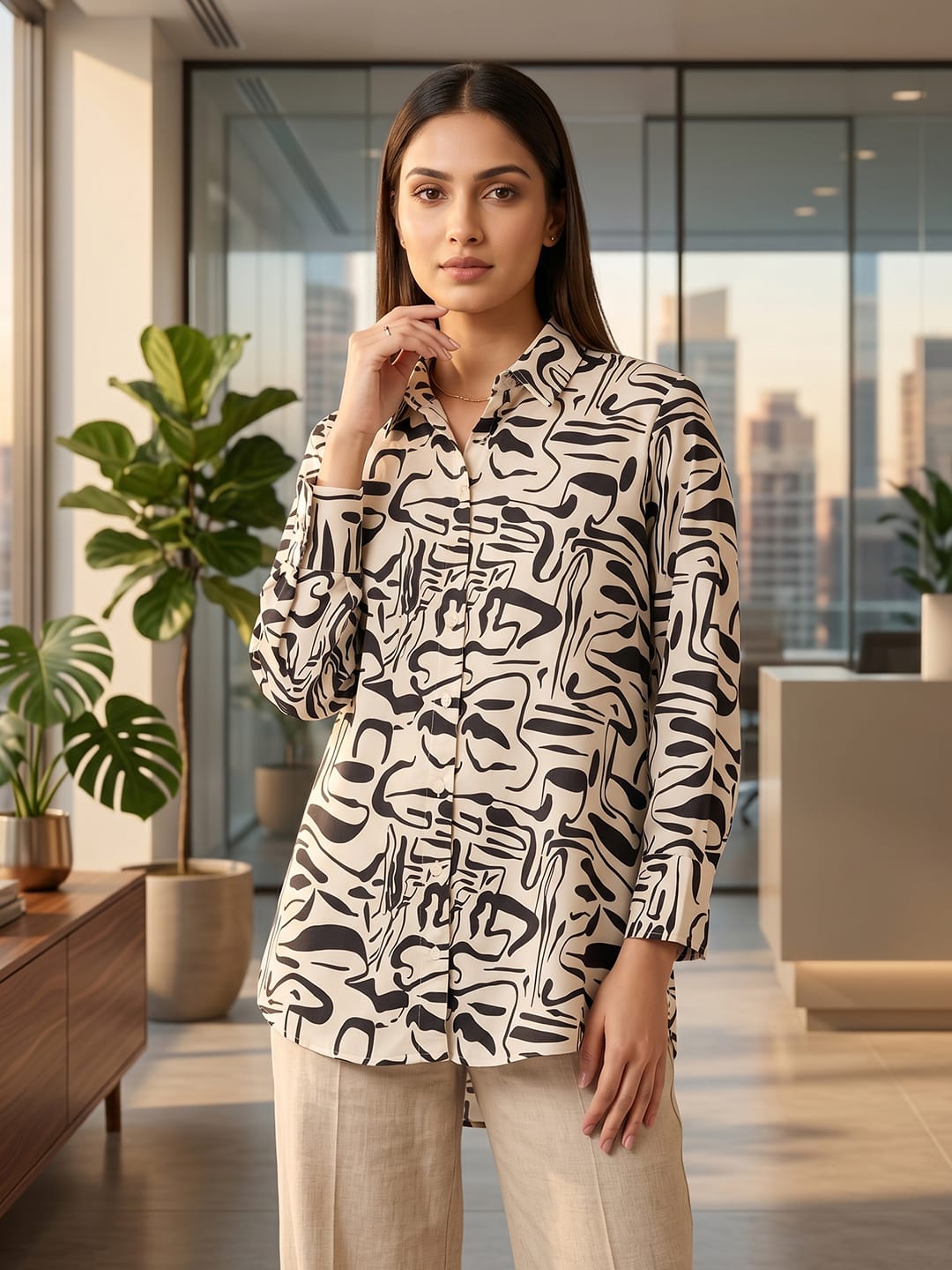 Cream Coloured Slim Collar Long Sleeves Geometric Shirt