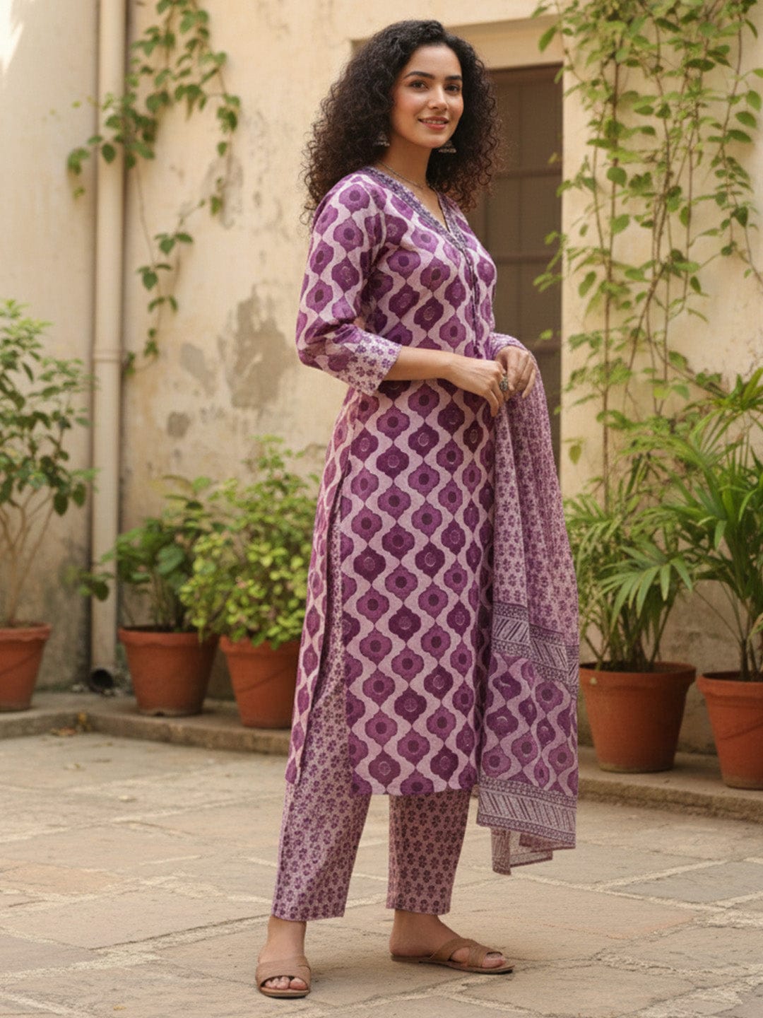 The Kurti Collection Ethnic lavender & White Suit Set