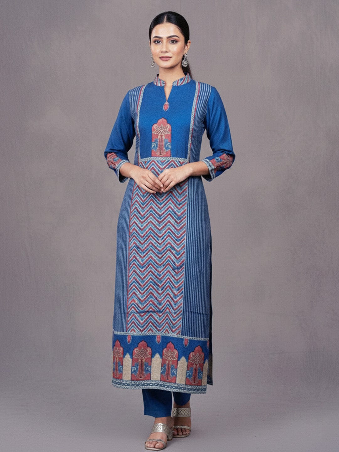 Blue Printed Kurta Set In Modal Silk
