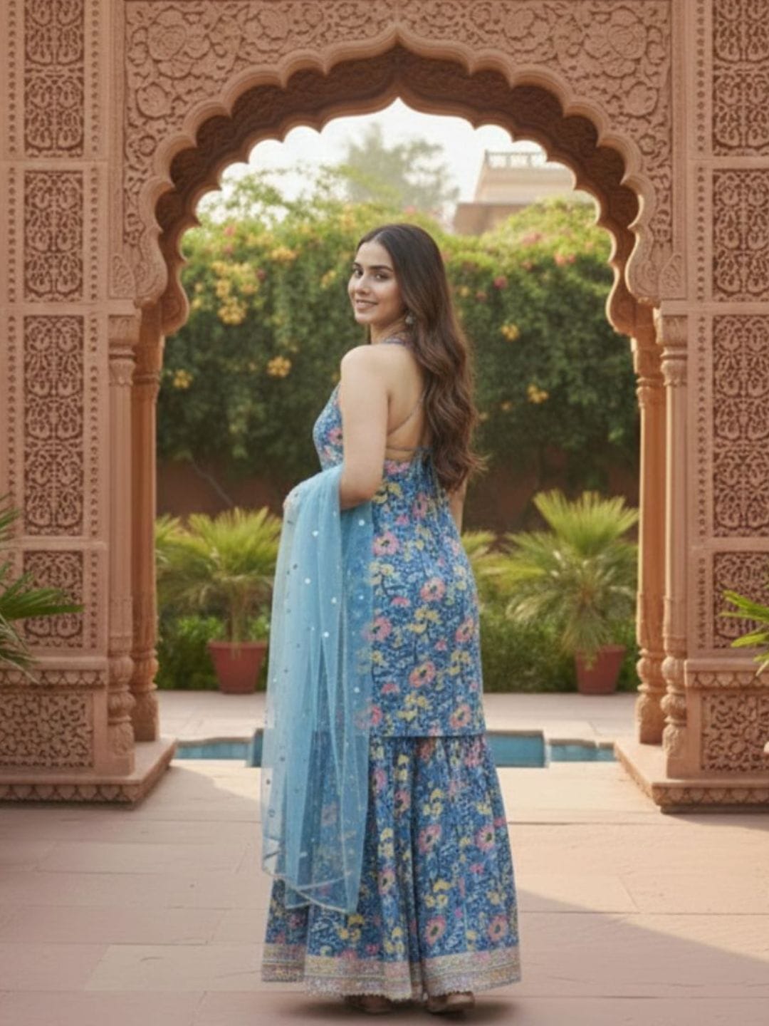 The Kurti Collection Women Floral Printed Regular Gotta Patti Kurta with Sharara & With Dupatta