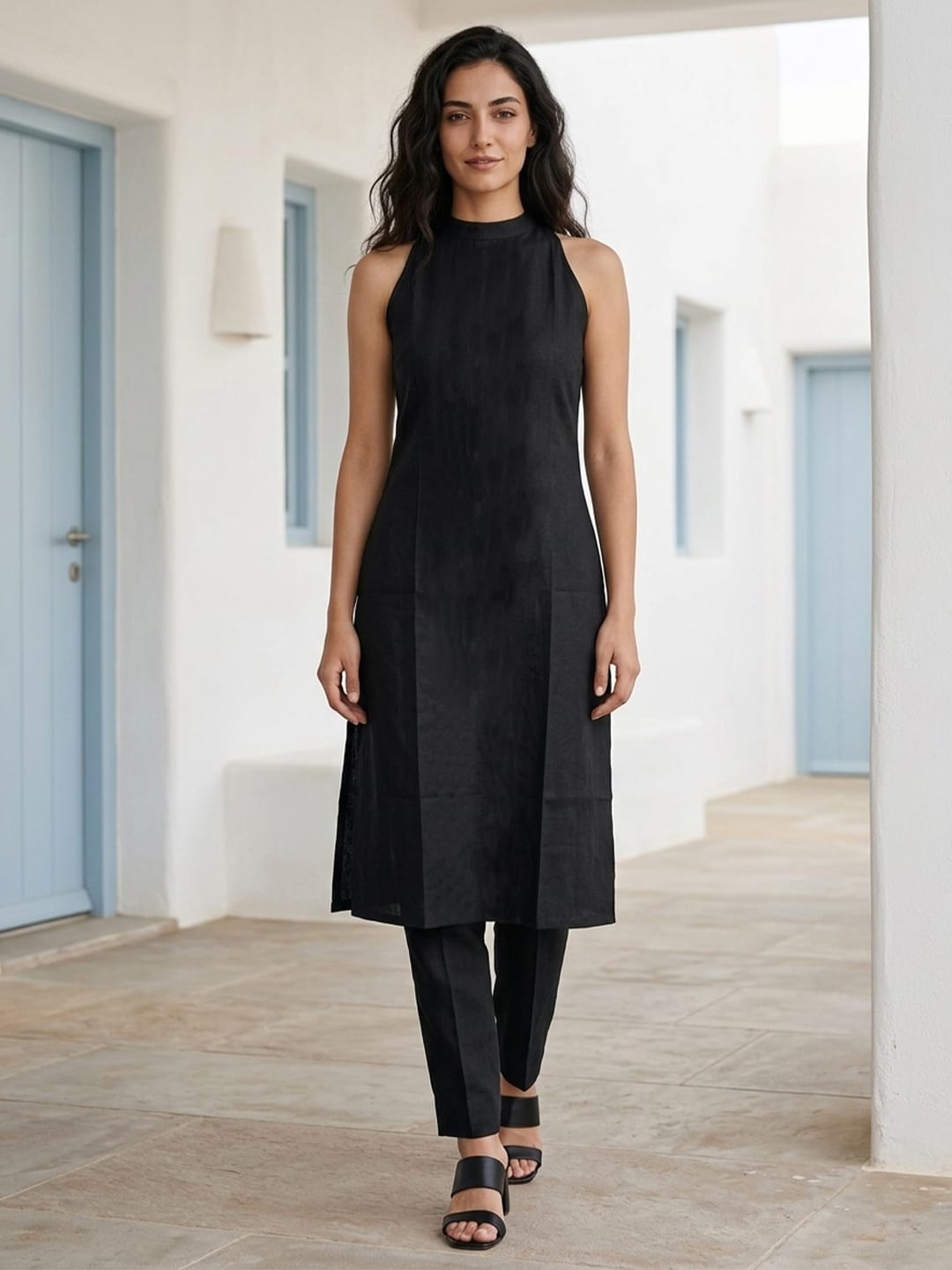 Black Halter Neck Straight Kurta With Pant