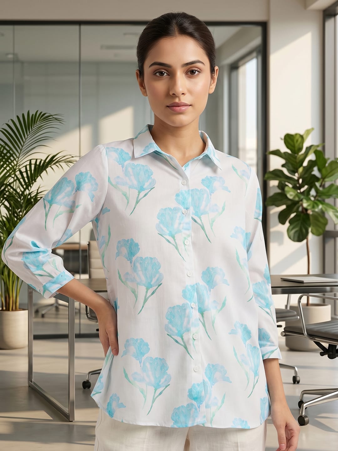 White-Blue Coloured Slim Collar Long Sleeves Floral Shirt