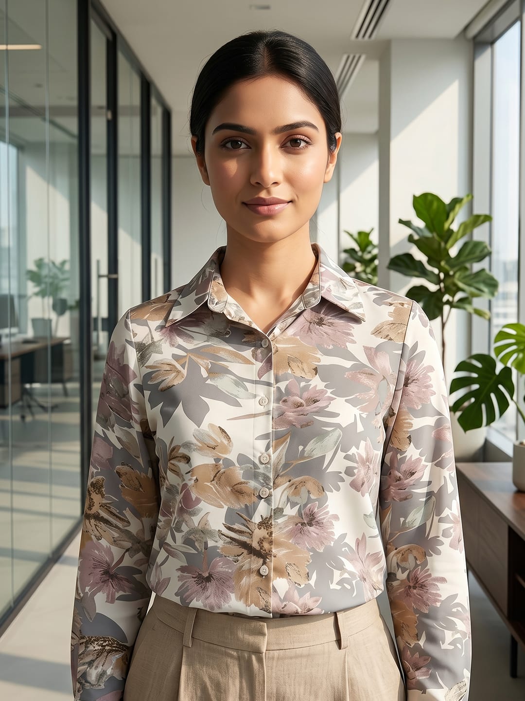 White Coloured Slim Collar Long Sleeves Floral Shirt