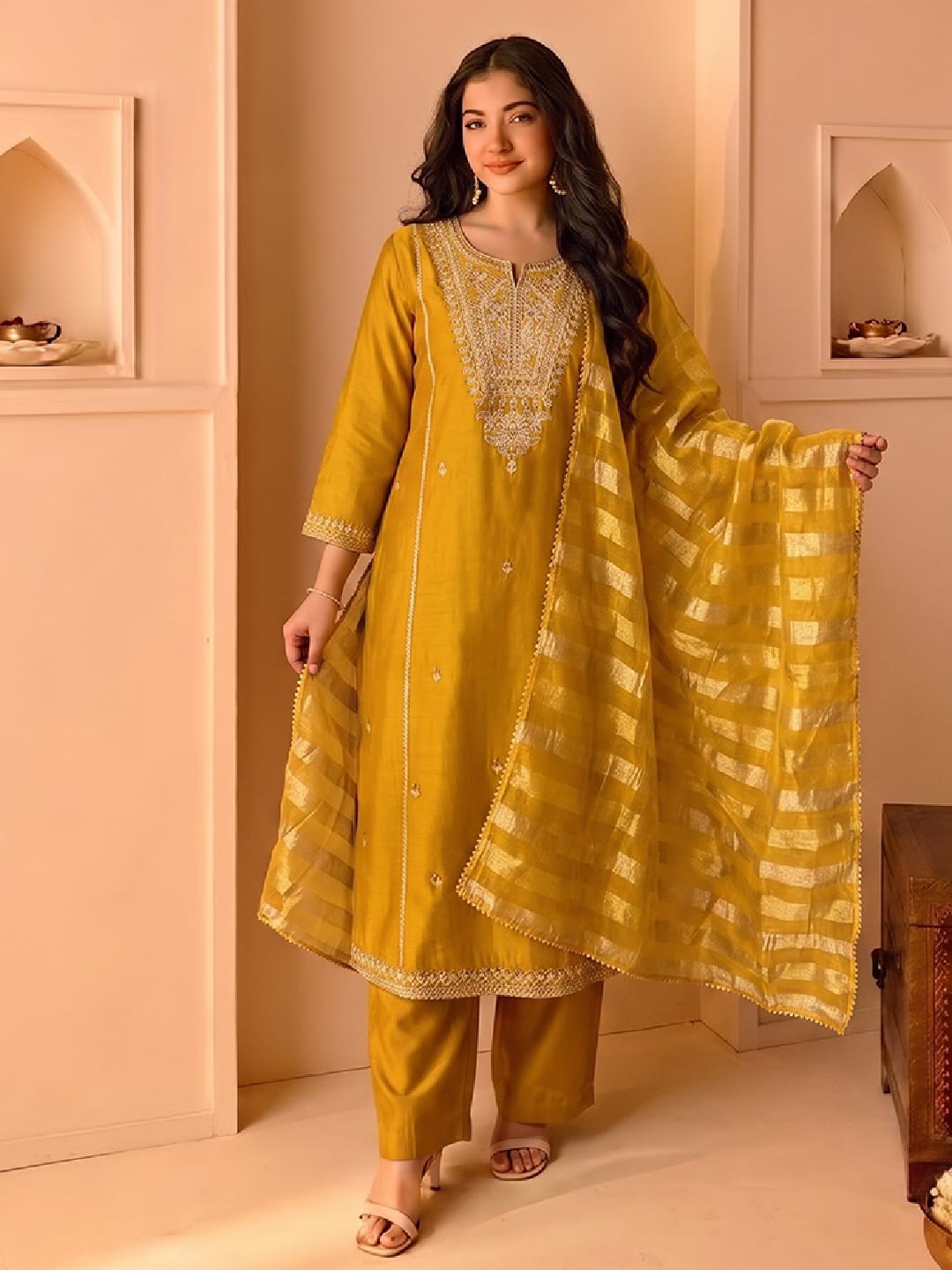 Mustard Embroidered Kurta Set, Paired With A Shiny Striped Dupatta