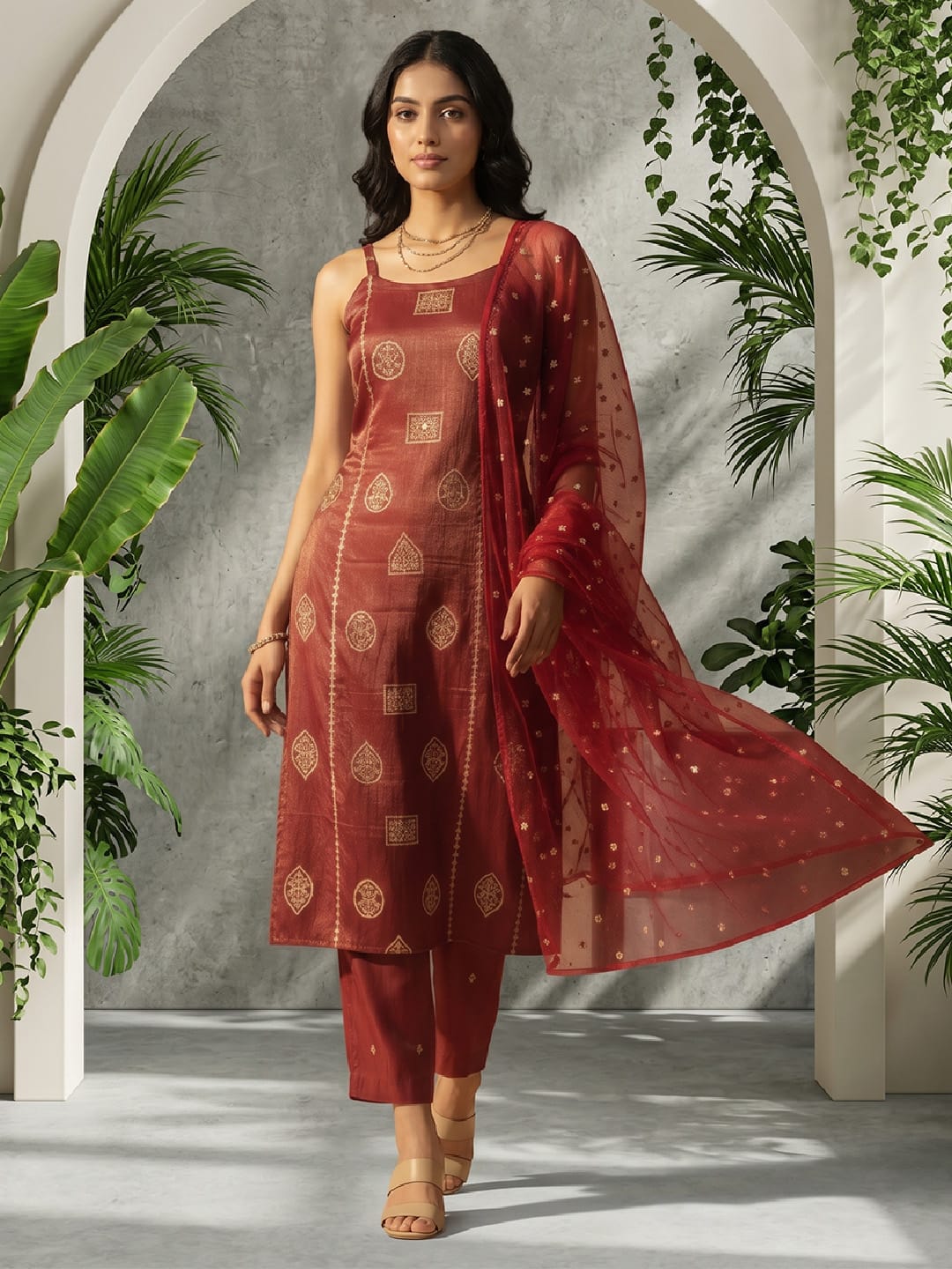 All Over Embroidered Halter Neck Kurta Set With Dupatta 33464