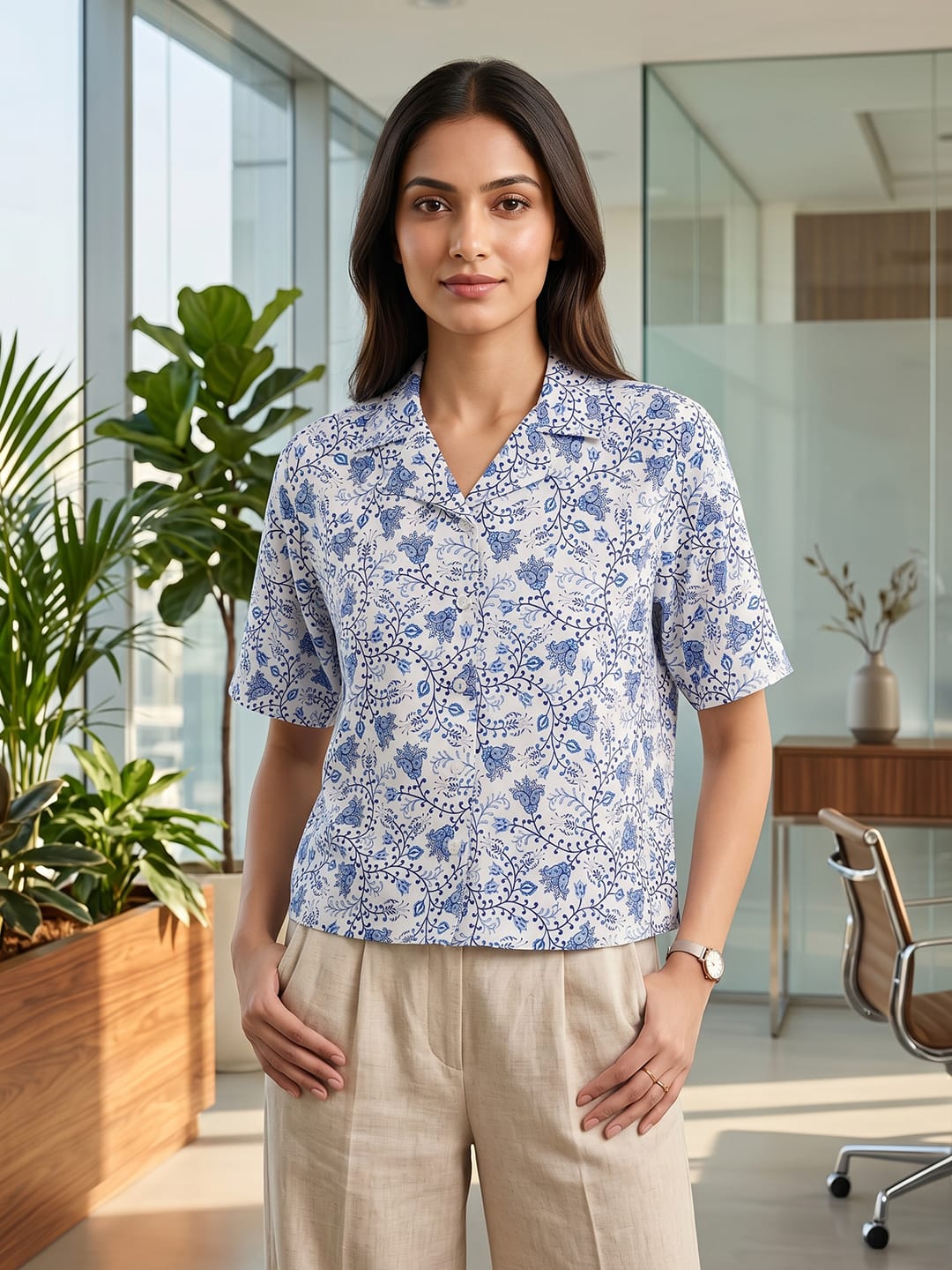 White Coloured Short Sleeves Shirt Collar Top