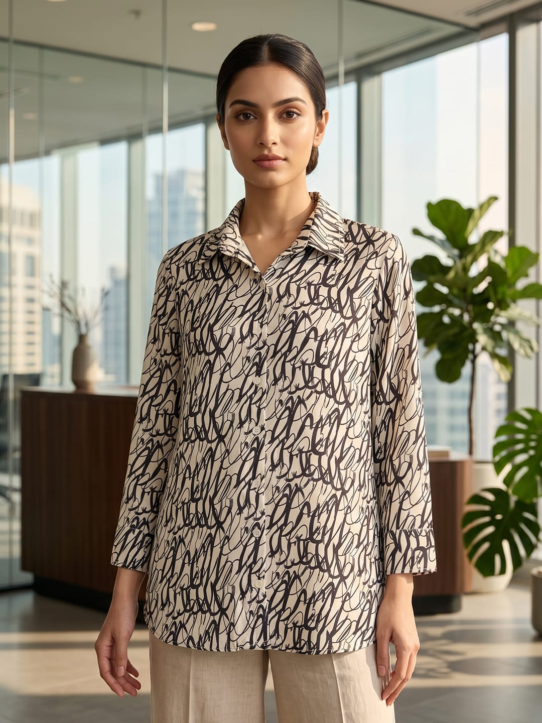 Cream Coloured Slim Collar Long Sleeves Abstract Shirt