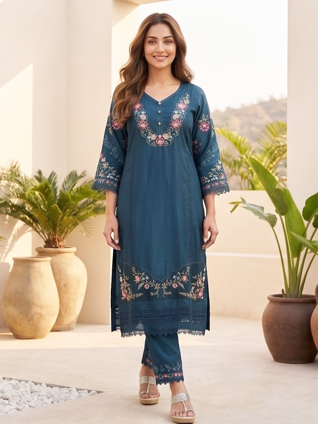 The Kurti Collection Women Floral Heavy Thread Embroidered Schffili Hem Kurta With Trouser & Dupatta