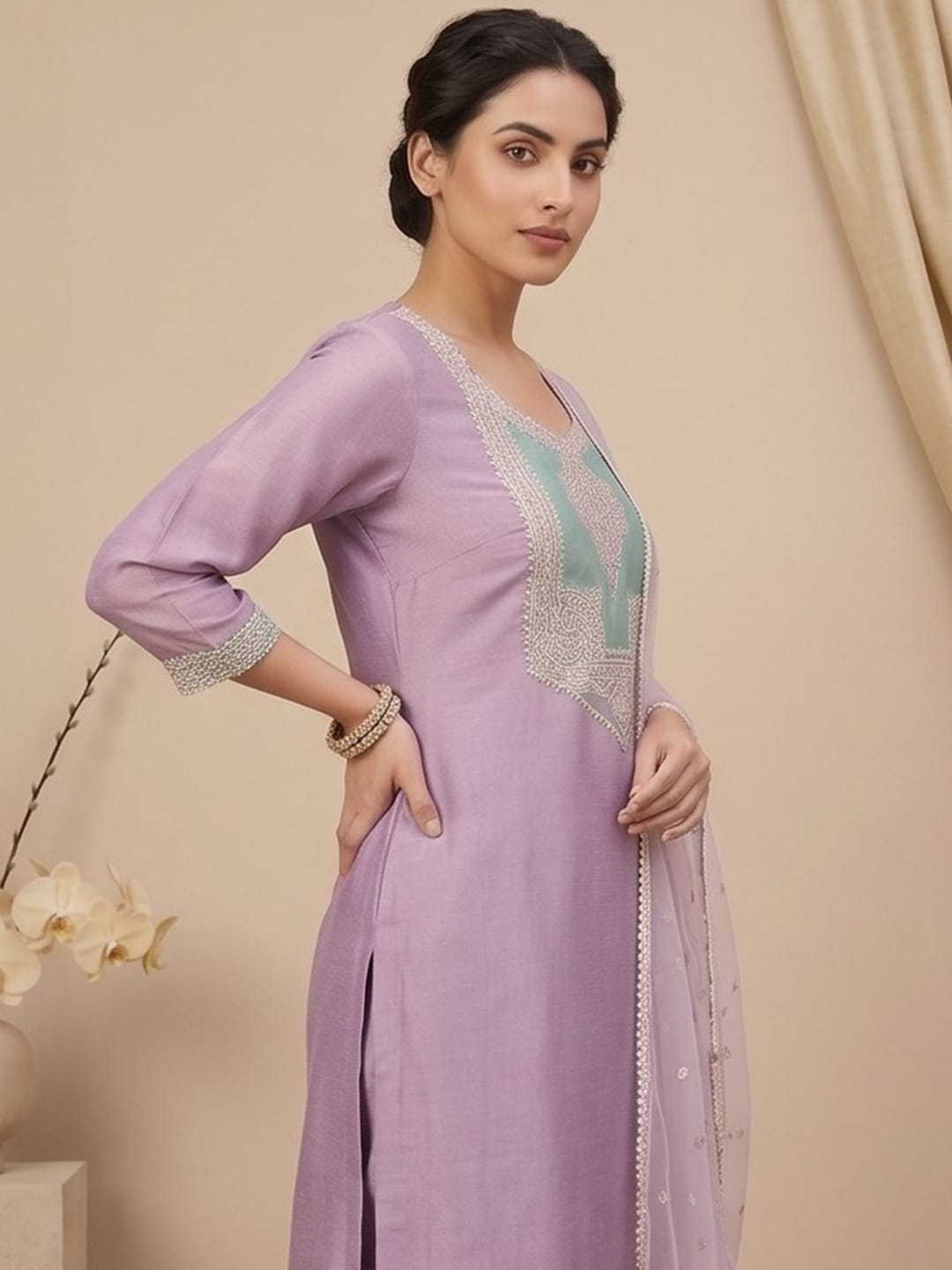 The Kurti Collection Women Shimmer Kurta Set With A Sequin-Detailed Net Dupatta