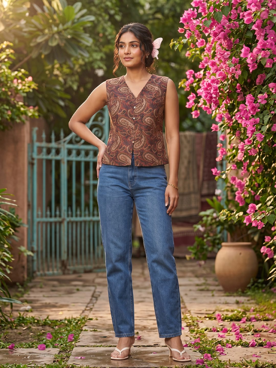 The Kurti Collection Women's Rust & brown Paisley Print V-Neck Sleeveless Short top