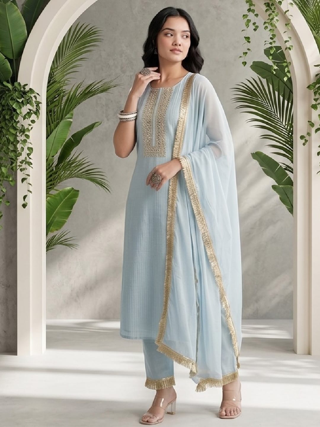 The Kurti Collection Women Blue Straight Kurta With Tonal Bottom & Dupatta