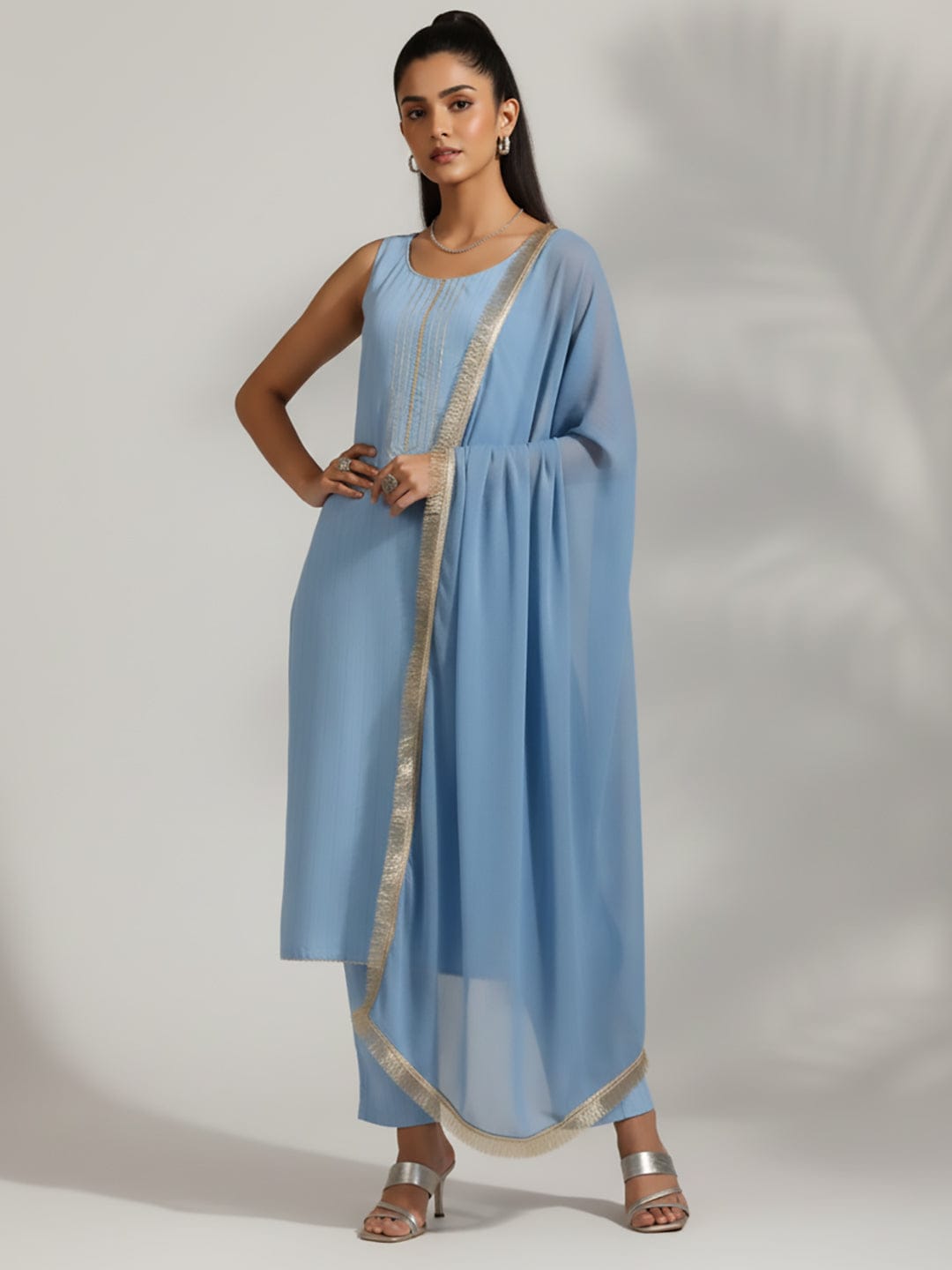 The Kurti Collection Women Blue Straight Kurta With Tonal Bottom & Dupatta