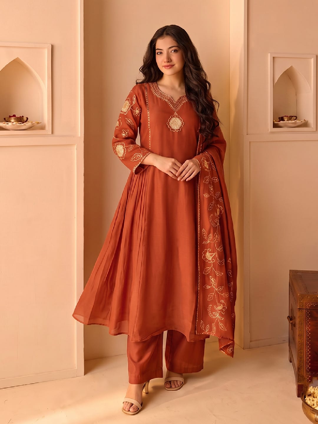 Rust Embroidered Shimmer Kurta Set With Embroidered Dupatta