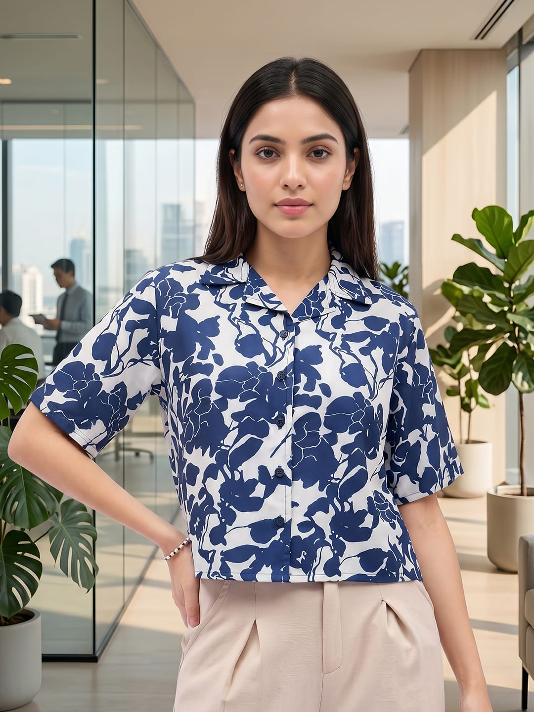 Blue Coloured Short Sleeves Shirt Collar Top