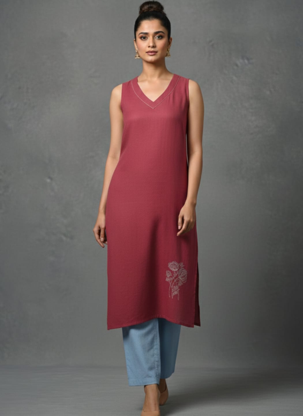 Sleeveless Solid Kurta with V-Neck and Subtle Floral Embroidery