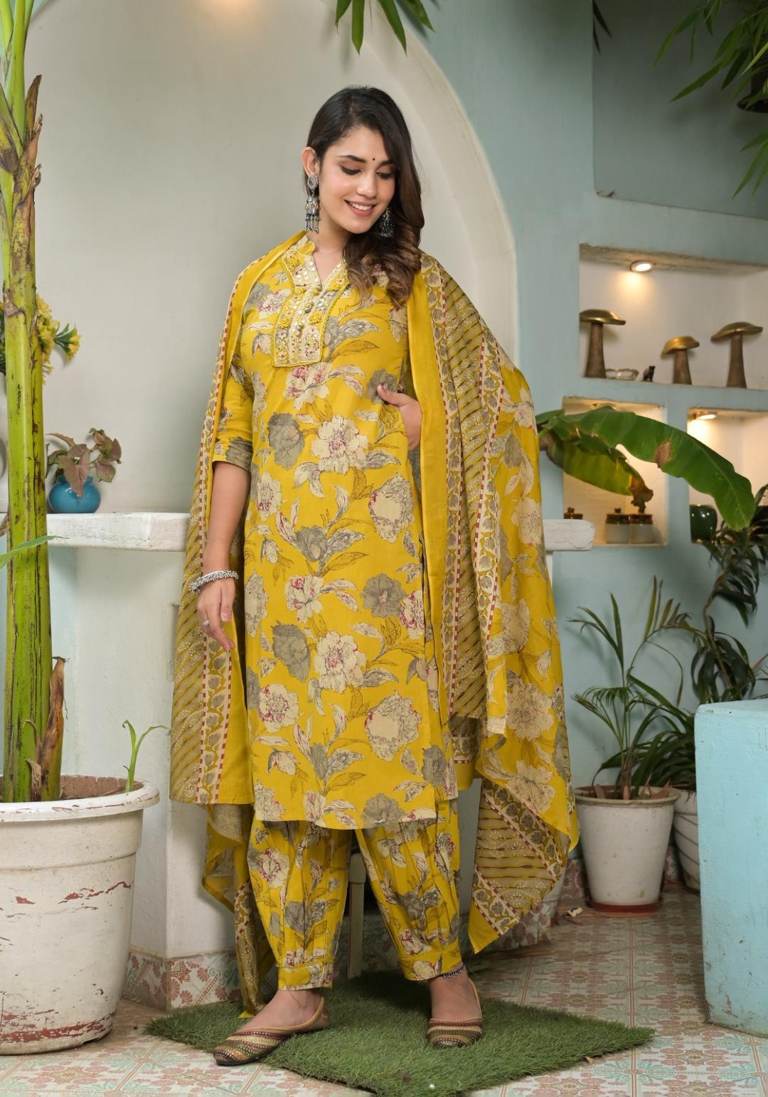 The Kurti Collection Women Yellow Floral Printed Mirror Embellished Straight Kurta Paired With Afghani Bottom And Printed Dupatta