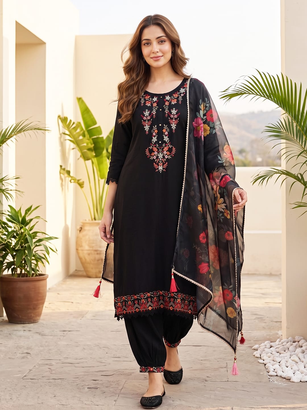The Kurti Collection Women Floral Motif Thread Embroidered Yoke Kurta with Trouser & Dupatta
