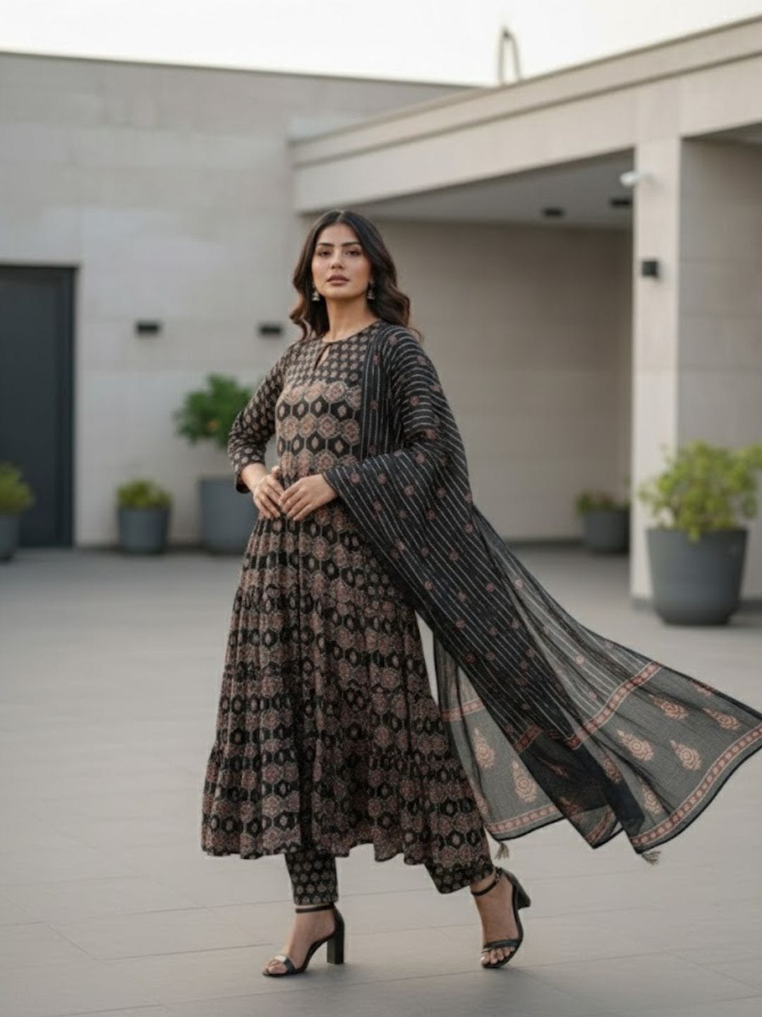 Midnight Blossom Tiered Flared Suit Set