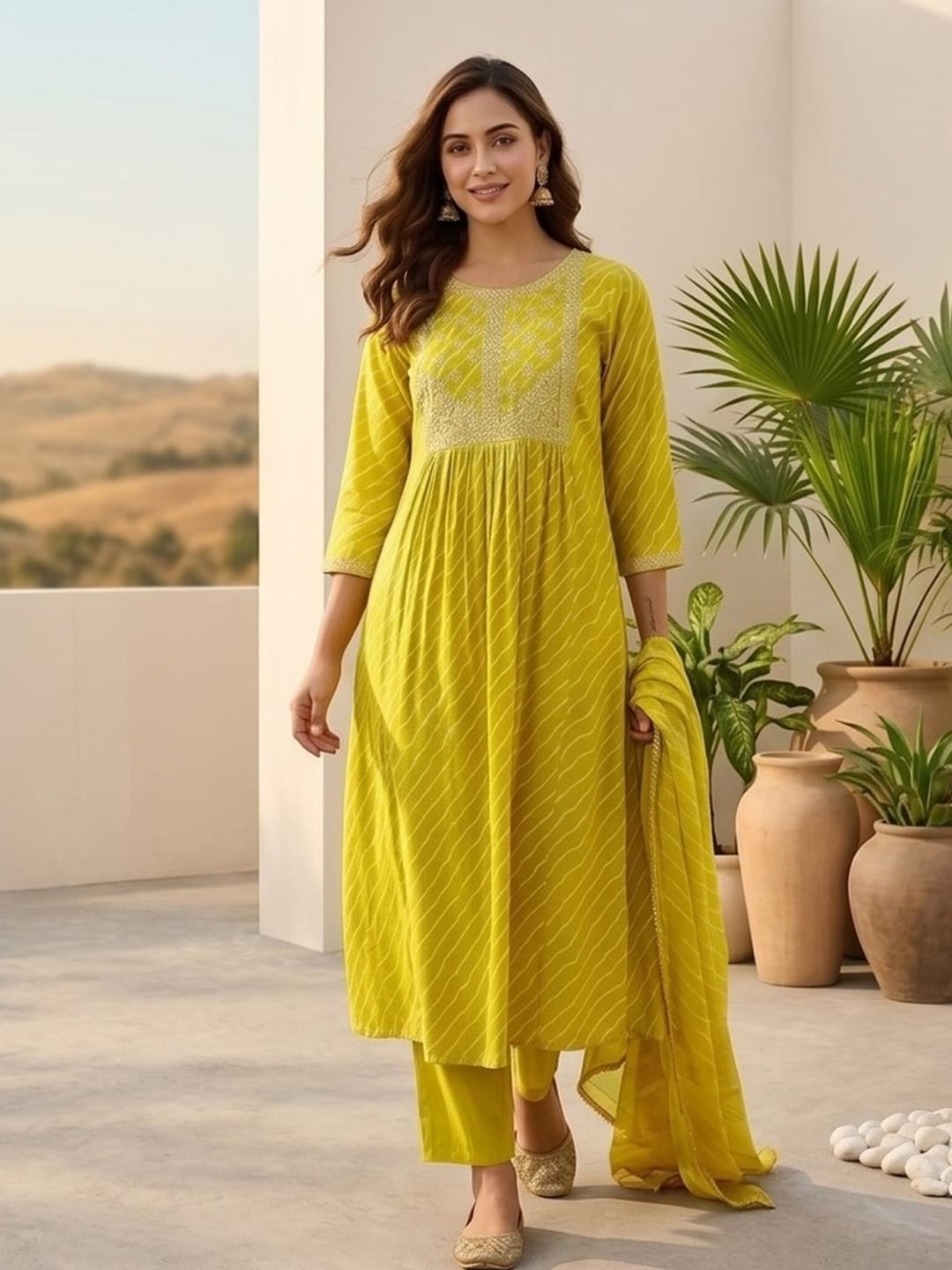 Bandhani-Printed Anarkali With Zari-Embroidered Yoke, Paired With Solid Trousers And Dupatta