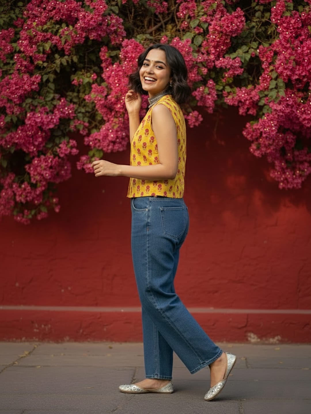 Bright Yellow Small Printed Cotton Top