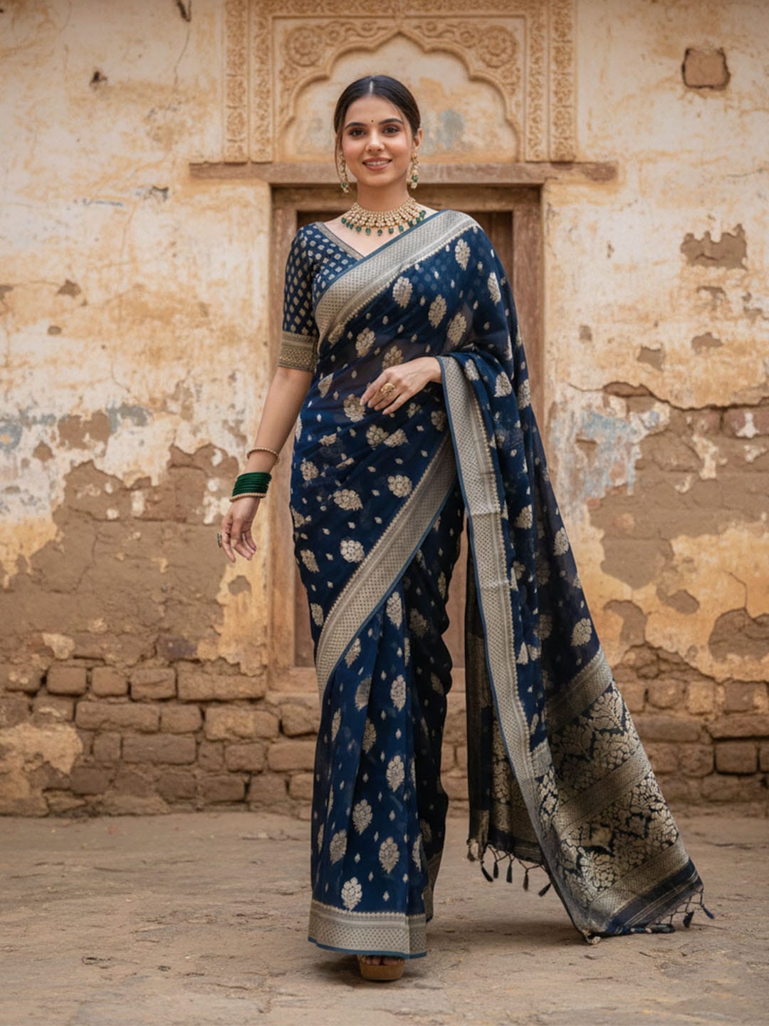 Ethnic Motifs Silk Cotton Handloom Banarasi Saree