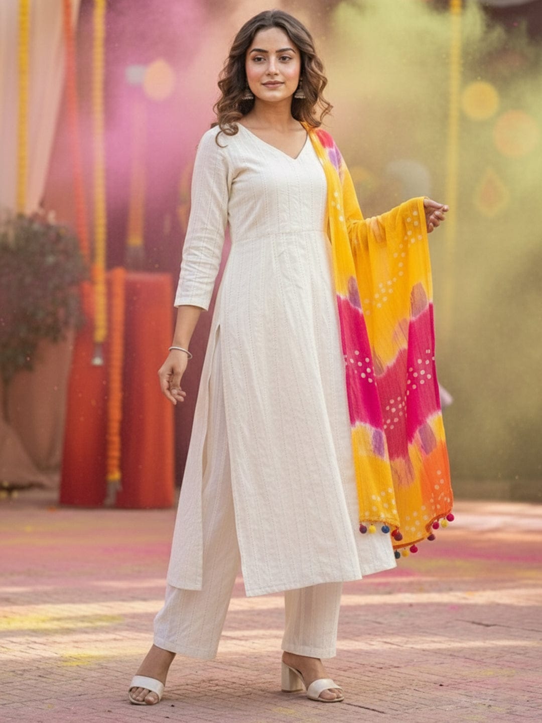Women's Ivory A-Line Kurta with Vertical Stripes