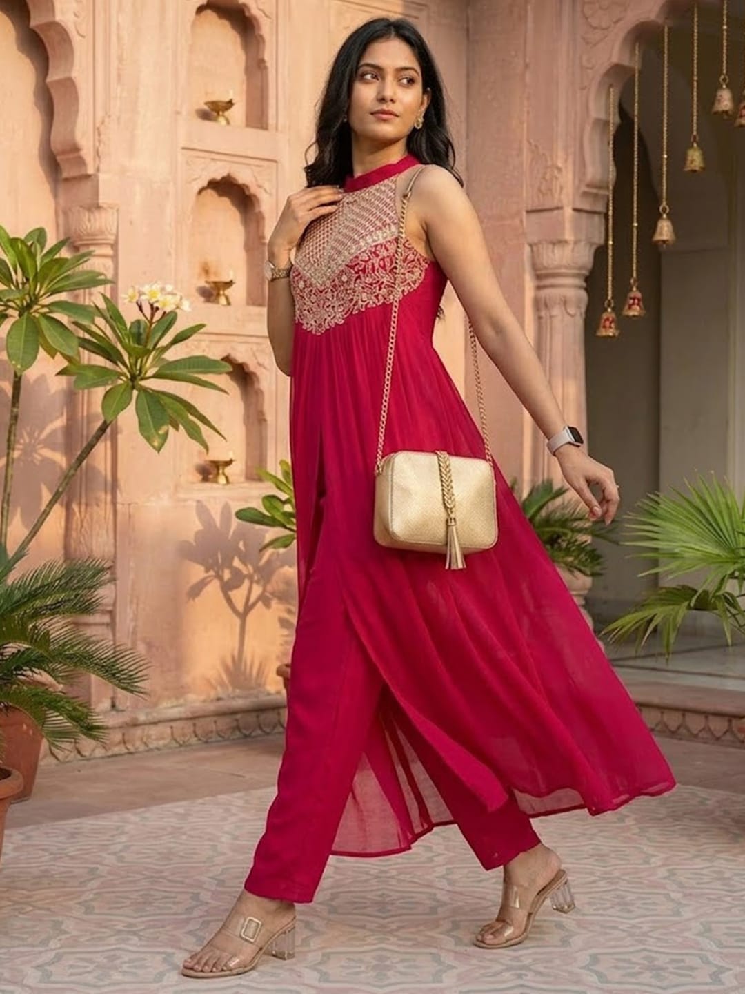 Magenta Sleeveless Fusion Kurta Set with Intricate Bodice Work