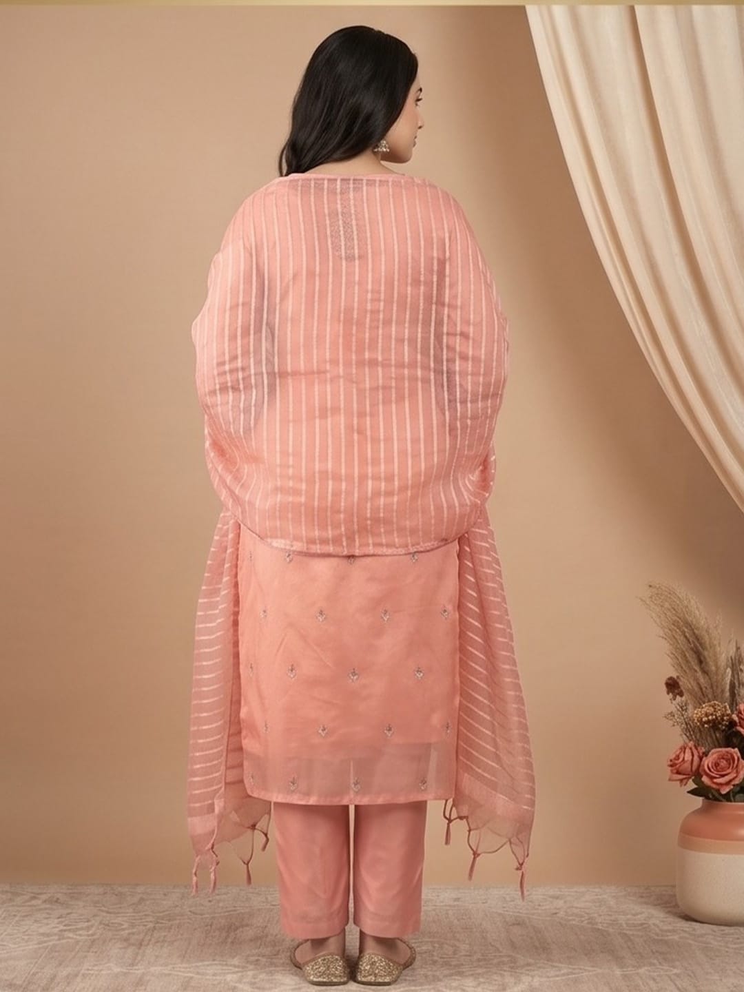 Zari-Embroidered Kurta Paired With Solid Trousers And A Tonal Dupatta .