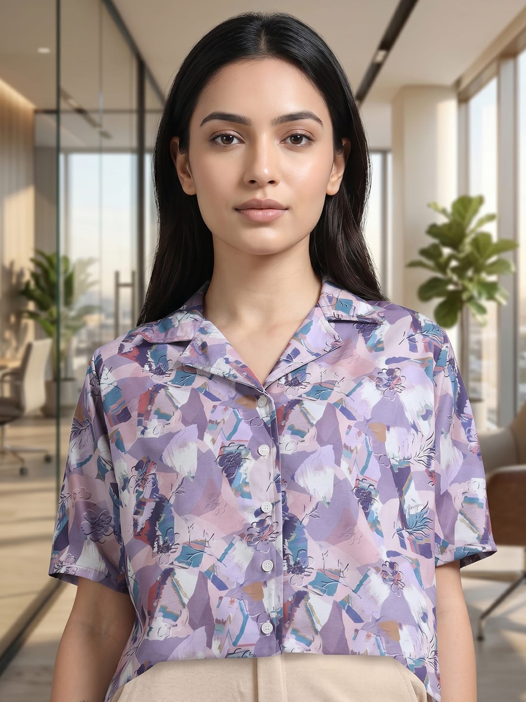 Mauve Coloured Short Sleeves Shirt Collar Top