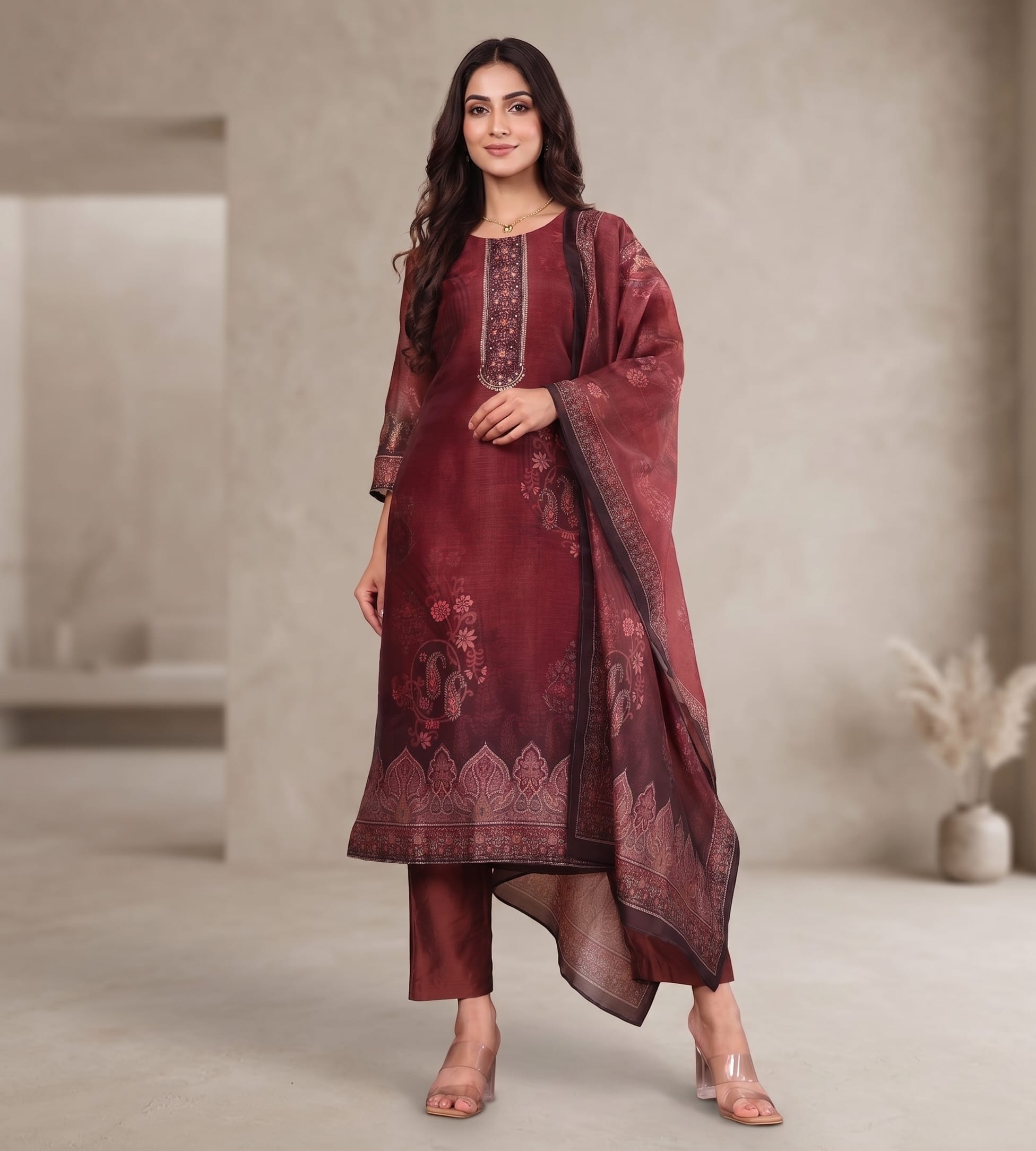 Varanga Women Maroon Floral Printed Kurta Paired With Bottom & Dupatta