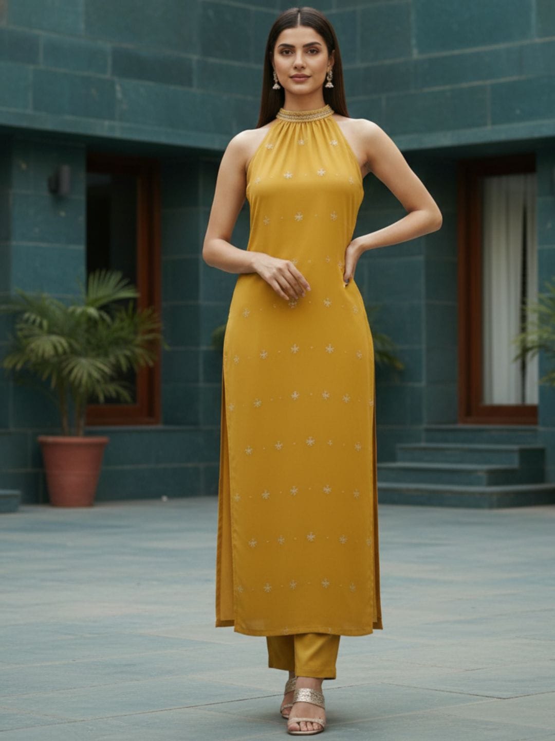 The Kurti Collection Women Halter Neck Straight Lurex Kurta with trouser