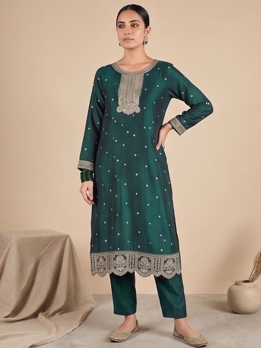 Graceful Green 3-Piece Set And An Elegant Embroidered Dupatta.