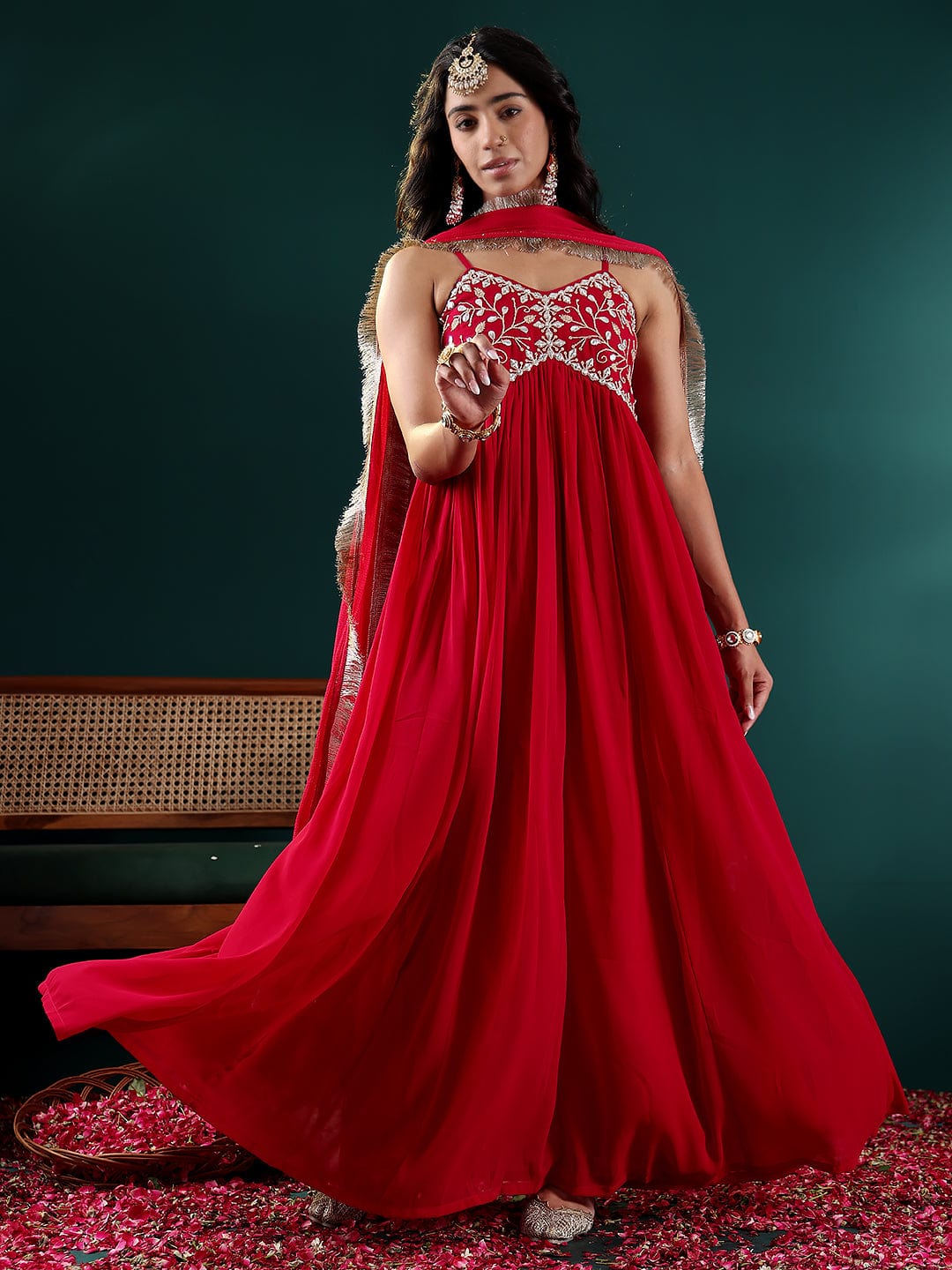 The Kurti Collection Women Fuchsia Embroidered Anarkali Strap Kurta Paired With Tonal Dupatta