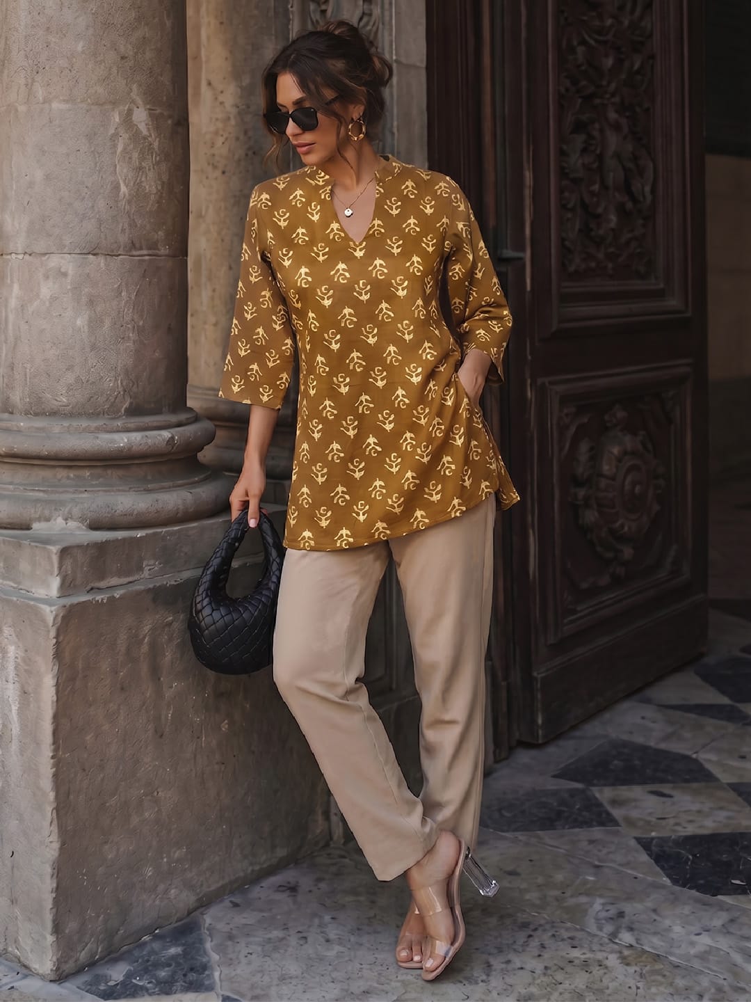 Women's Earthy Brown Block Print Short Kurta
