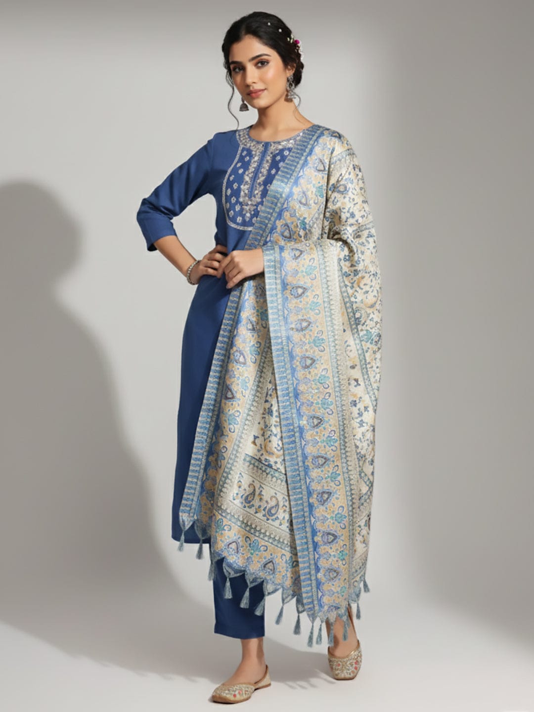 The Kurti Collection Women Embroidered Yoke Straight Kurta Paired With Tonal Bottom And Printed Bhagalpuri Dupatta