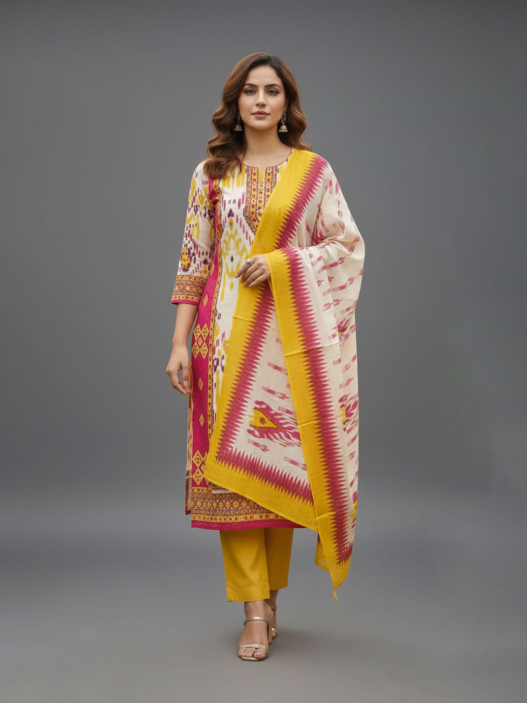 Ethnic Multicolor Ikat Printed Kurta Set With Dupatta & Solid Trouser