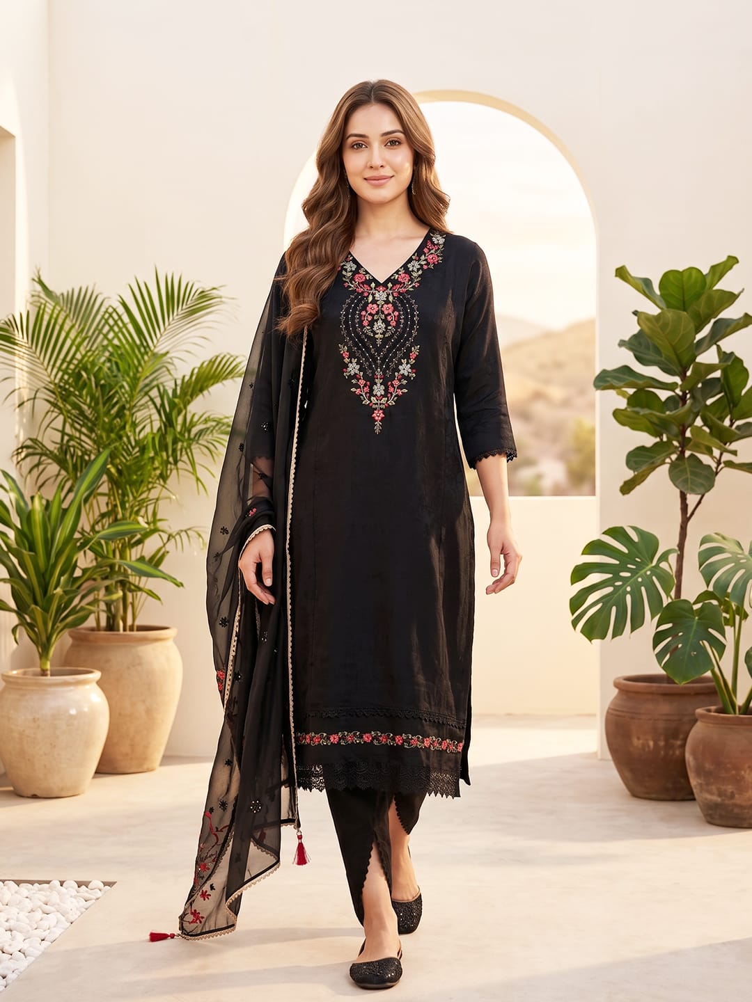 The Kurti Collection Women Floral Motif Thread Embroidered Yoke Kurta with Trouser & Dupatta