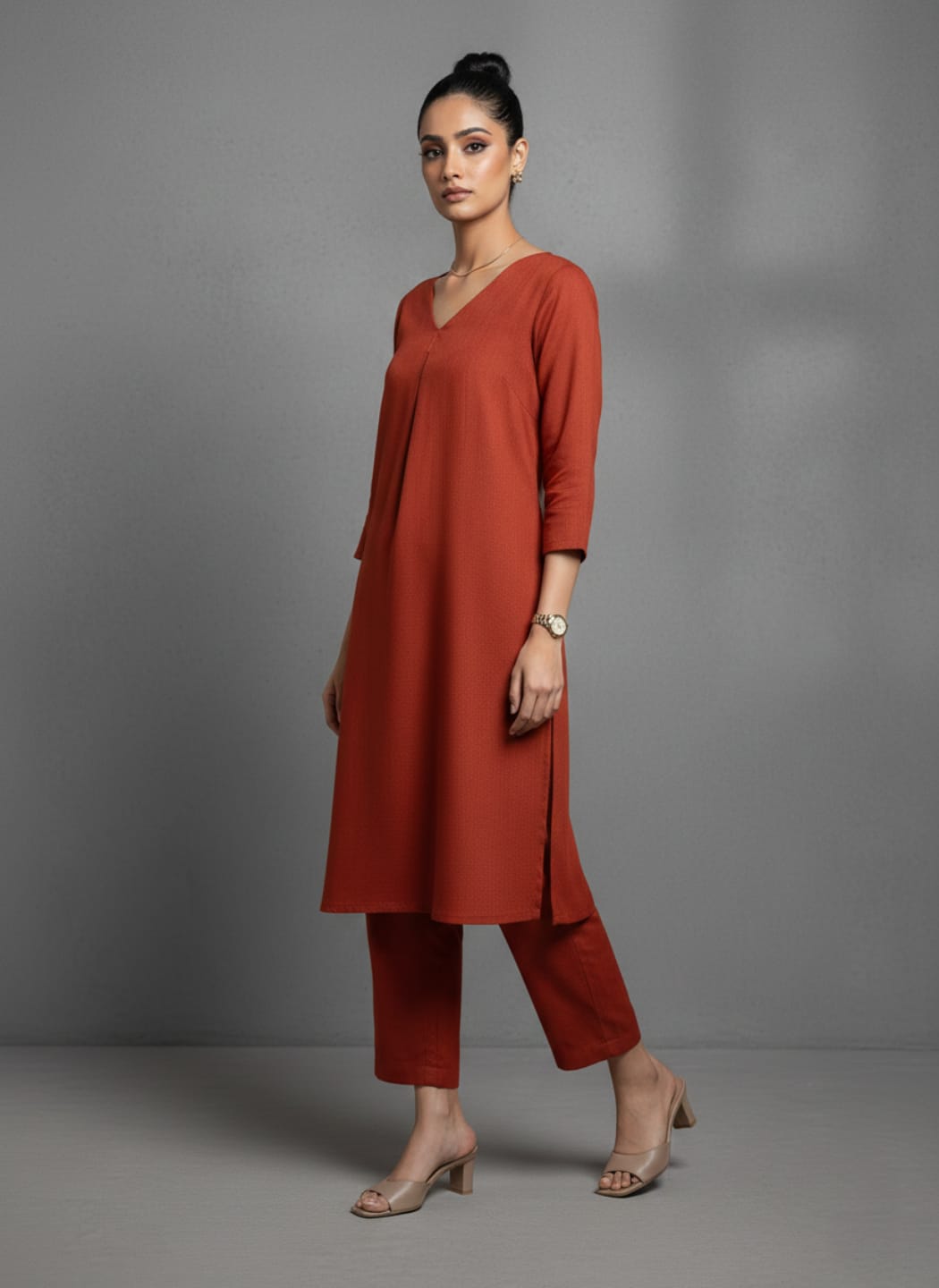 The Kurti Collection Women Orange Solid A-Line Kurta Paired With Tonal Bottom