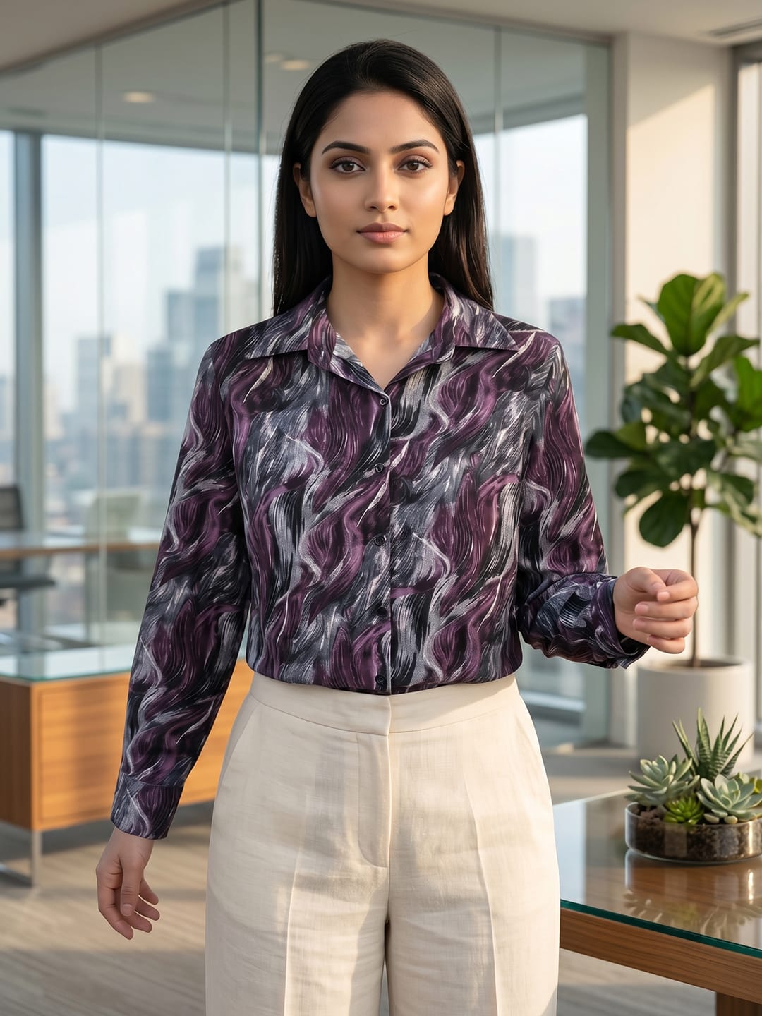 Purple Coloured Slim Collar Long Sleeves Abstract Shirt