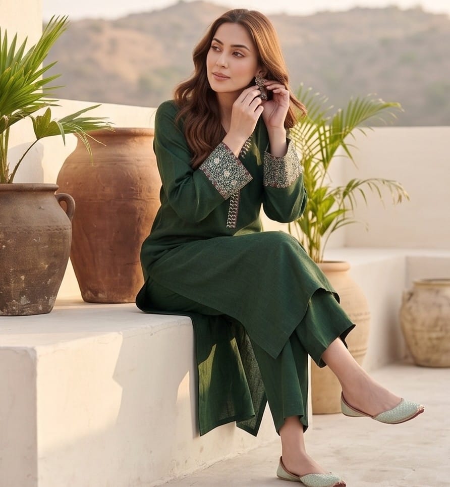 The Kurti Collection Women Green Embroidered Long & Flared Sleeves Kurta With Tonal Bottom
