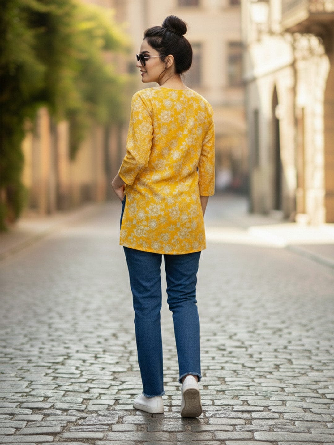The Kurti Collection Women's Mustard Yellow Floral Print Tunic with V-Neck