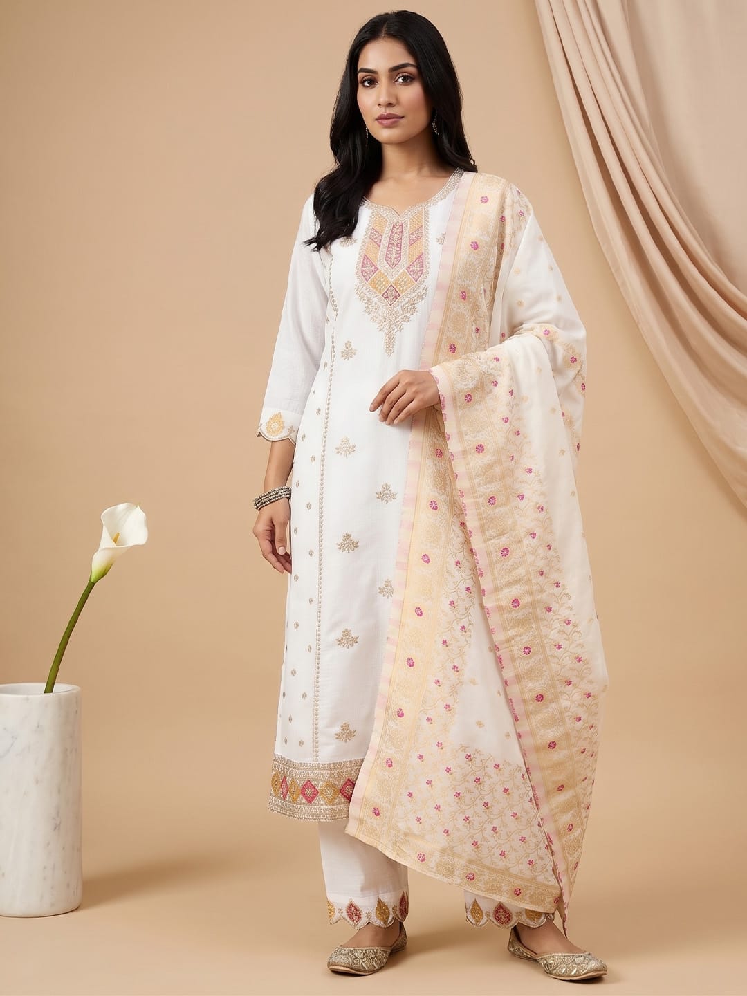 The Kurti Collection Women Elegant White 3-Piece Suit Set With Woven Kurta, Straight Pants, And A Rich Brocade Dupatta.