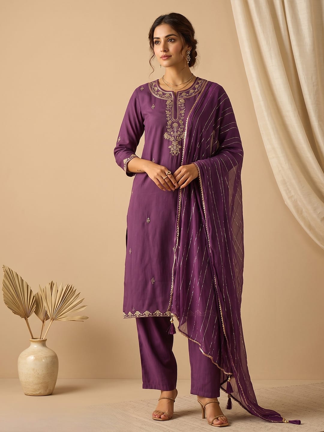 Kurta With Zari Embroidery, Teamed With Trousers And Paired With Dupatta Featuring Lace Detailing