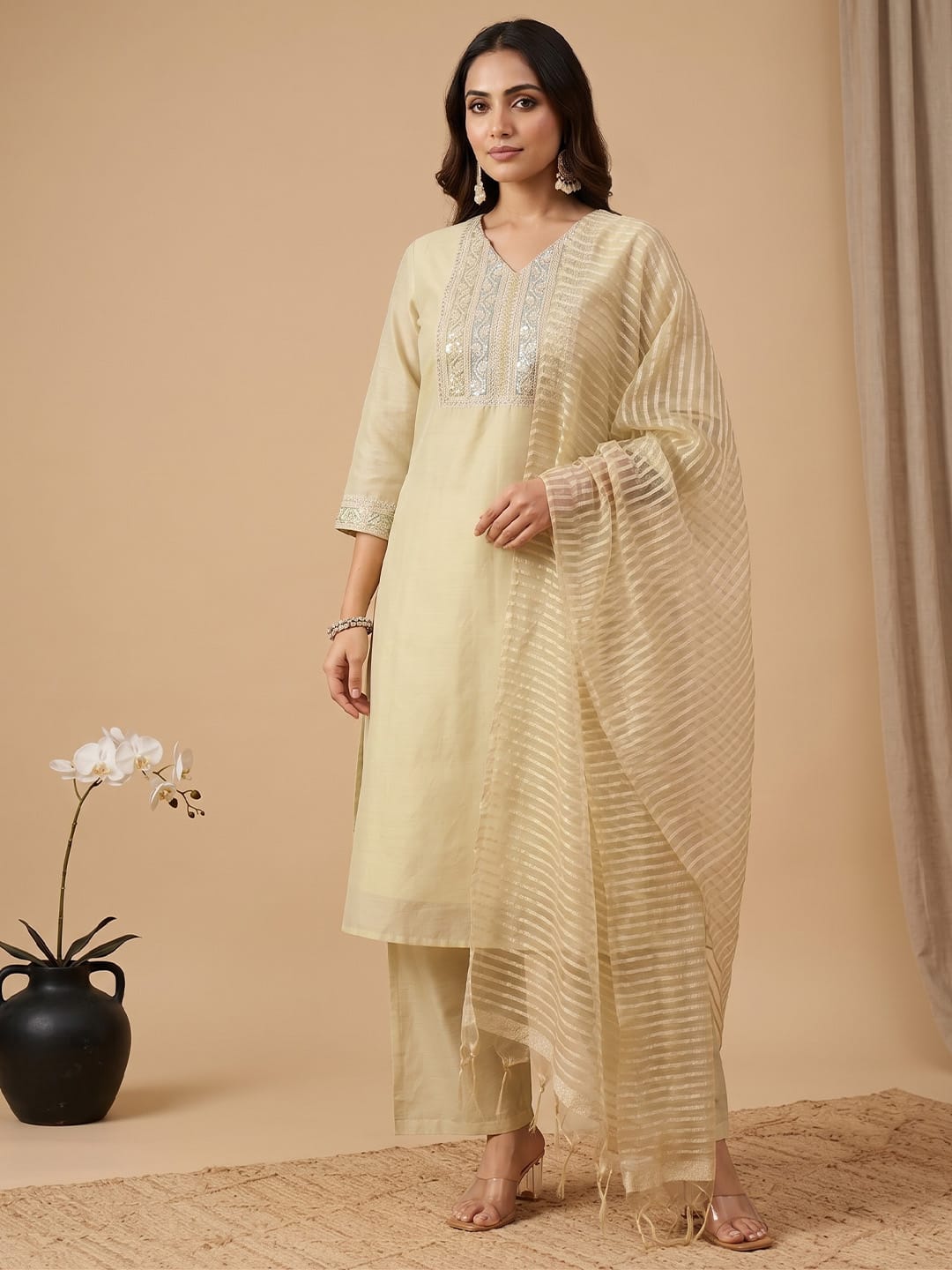 The Kurti Collection Women Shimmer Fabric Kurta Set Paired With Tonal Bottom With Sparkling Lurex Dupatta