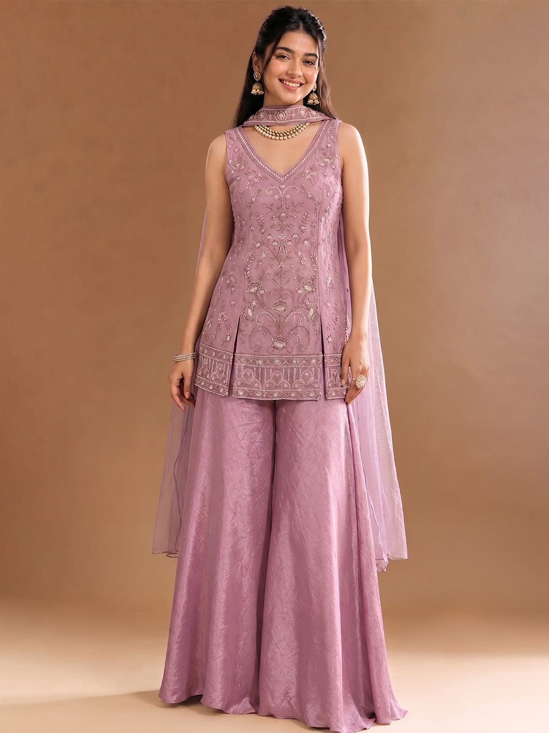 Women's Embroidered Shimmer Short Kurta With Palazzo And Dupatta